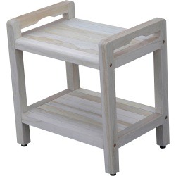 CoastalVogue Eleganto 20" Teak Wood Shower Bench with LiftAide Arms and Shelf in White Driftwood Finish