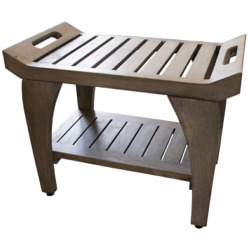 CoastalVogue Tranquility 24" Teak Wood Shower Bench with Shelf and LiftAide Arms in Gray Driftwood Finish