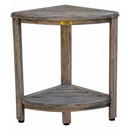 CoastalVogue Oasis 18" Teak Wood Fully Assembled Corner Shower Bench with Shelf in Gray Driftwood Finish