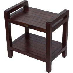 DecoTeak Eleganto 20" Teak Wood Shower Bench with LiftAide Arms and Shelf in Brown Finish