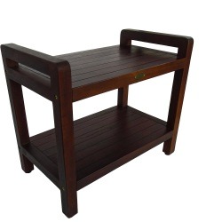 DecoTeak Eleganto 24" Teak Wood Shower Bench with LiftAide Arms and Shelf in Brown Finish
