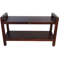 DecoTeak Eleganto 35" Teak Wood Shower Bench with LiftAide Arms and Shelf in Brown Finish