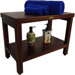 DecoTeak Eleganto 24" Teak Wood Shower Bench with Shelf in Brown Finish