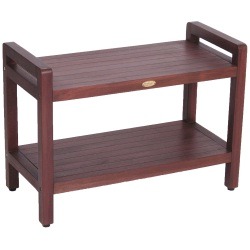 DecoTeak Eleganto 29" Teak Wood Shower Bench with LiftAide Arms and Shelf in Brown Finish