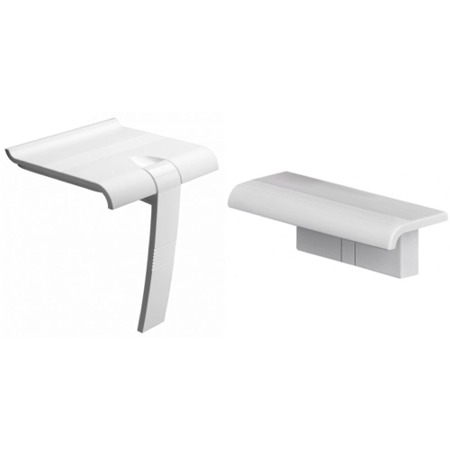 Design By Intent SwapAble Set White Wall Mount Shower Chair Bench With Hinged Weight Supporting Leg With Swap & Click Mini Shelf