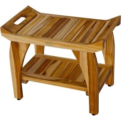 EcoDecors Serenity 24" Teak Wood Shower Bench with Shelf and LiftAide Arms in Natural Finish