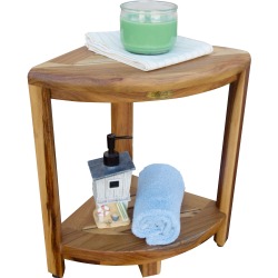 EcoDecors Oasis 18" Teak Wood Fully Assembled Corner Shower Bench with Shelf in Natural Finish