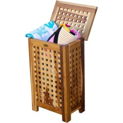 EcoDecors Espalier 24" Teak Wood Compact Laundry Storage Hamper with Removable Bag in Natural Finish