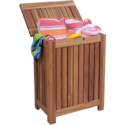 EcoDecors Eleganto 25" Teak Wood Double Laundry Storage Hamper with Removable Bags in Natural Finish